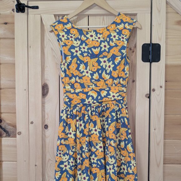 Mata Traders Floral Stretch Dress Womens Small Yellow Blue Orange Organic Cotton - Picture 8 of 10